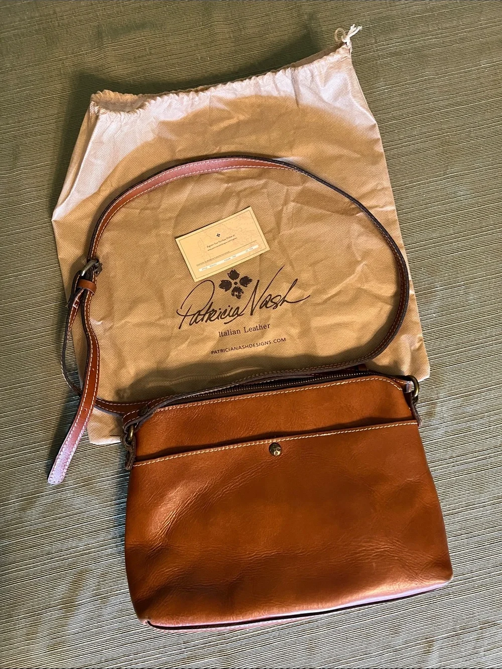 Patricia Nash Cognac Leather Crossbody with Buckle Detail and Matching Wallet